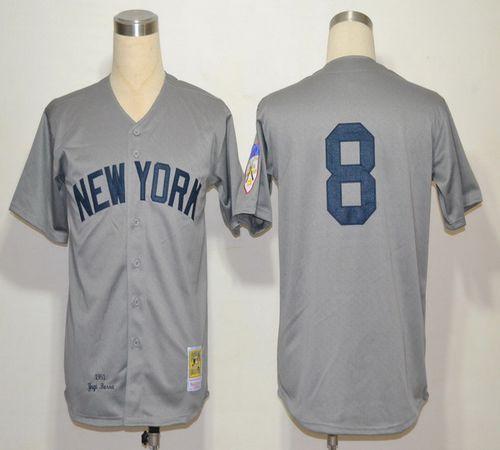 Mitchell And Ness 1951 Yankees #8 Yogi Berra Grey Throwback Stitched MLB Jersey - Click Image to Close